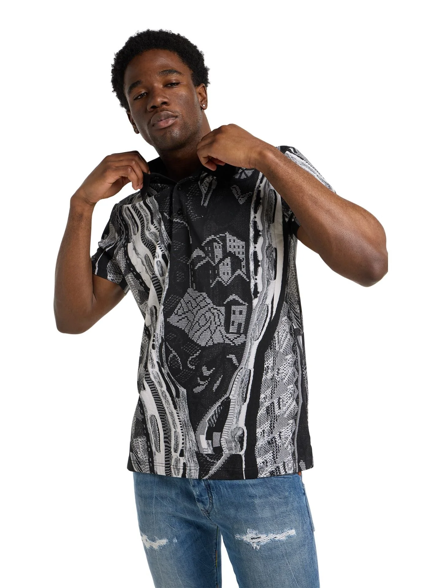 CARLO COLUCCI POLO SHIRT MET GEBREIDEN PRINT ZWART WIT.