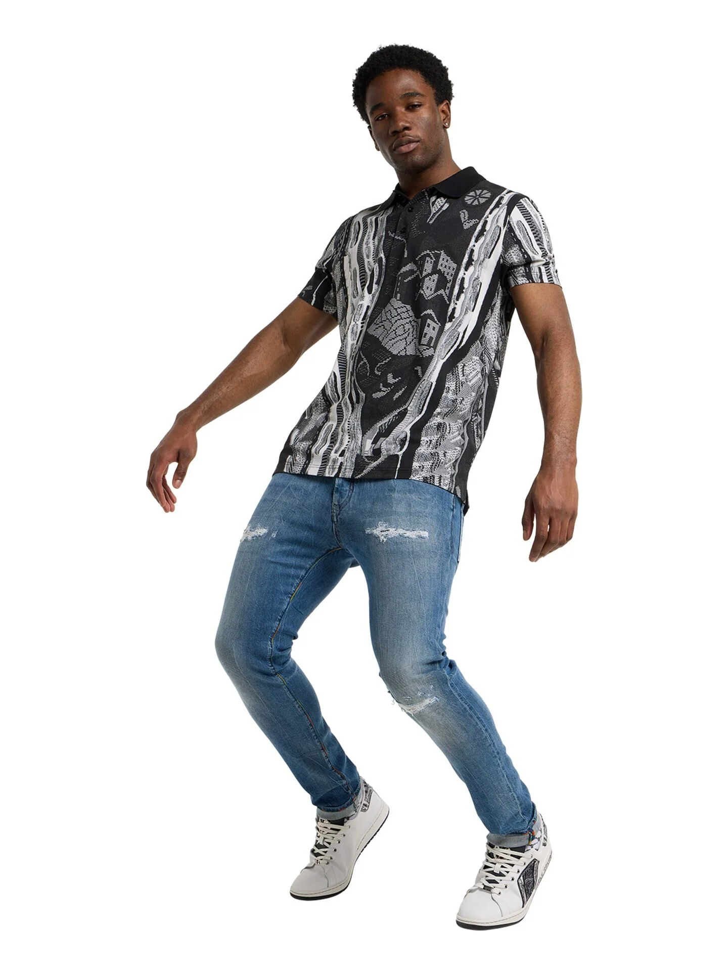 CARLO COLUCCI POLO SHIRT MET GEBREIDEN PRINT ZWART WIT. - Afbeelding 6