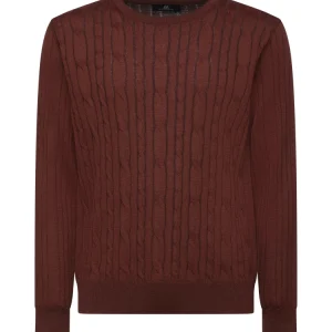 Montechiaro Gebreide Kabel Trui Ronde Hals Donker Rood/Blauw.