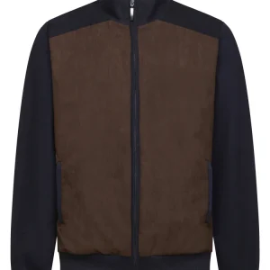 Montechiaro Blauwe Vest met Bruine Suède Voorpand.