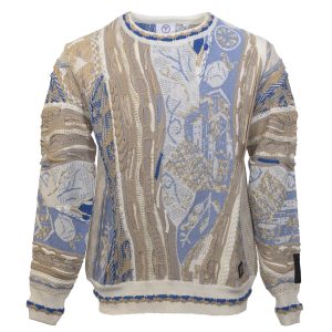 Carlo Colucci Gebreide Trui Beige Blauw Ronde Hals.