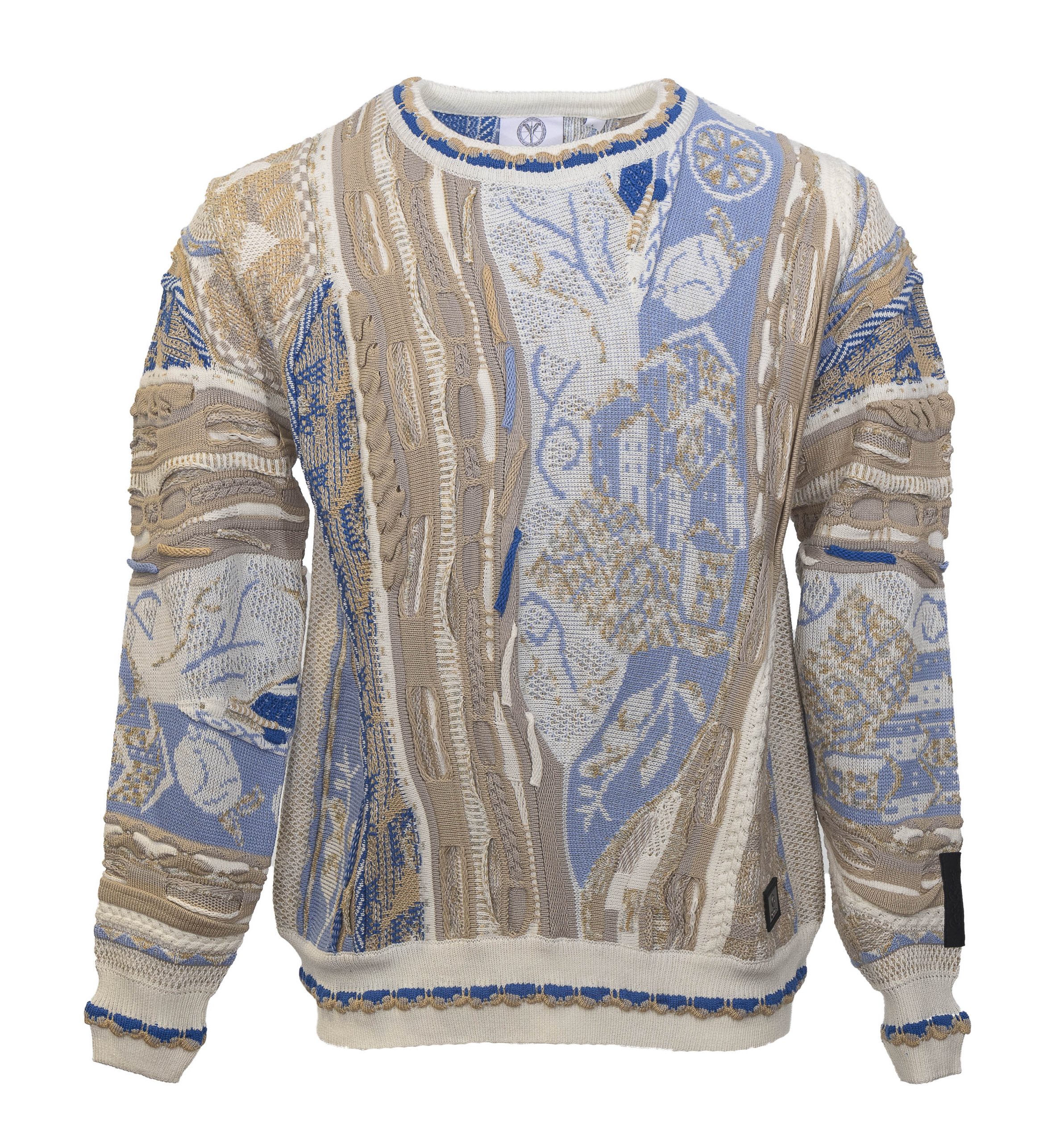 Carlo Colucci Gebreide Trui Beige Blauw Ronde Hals.