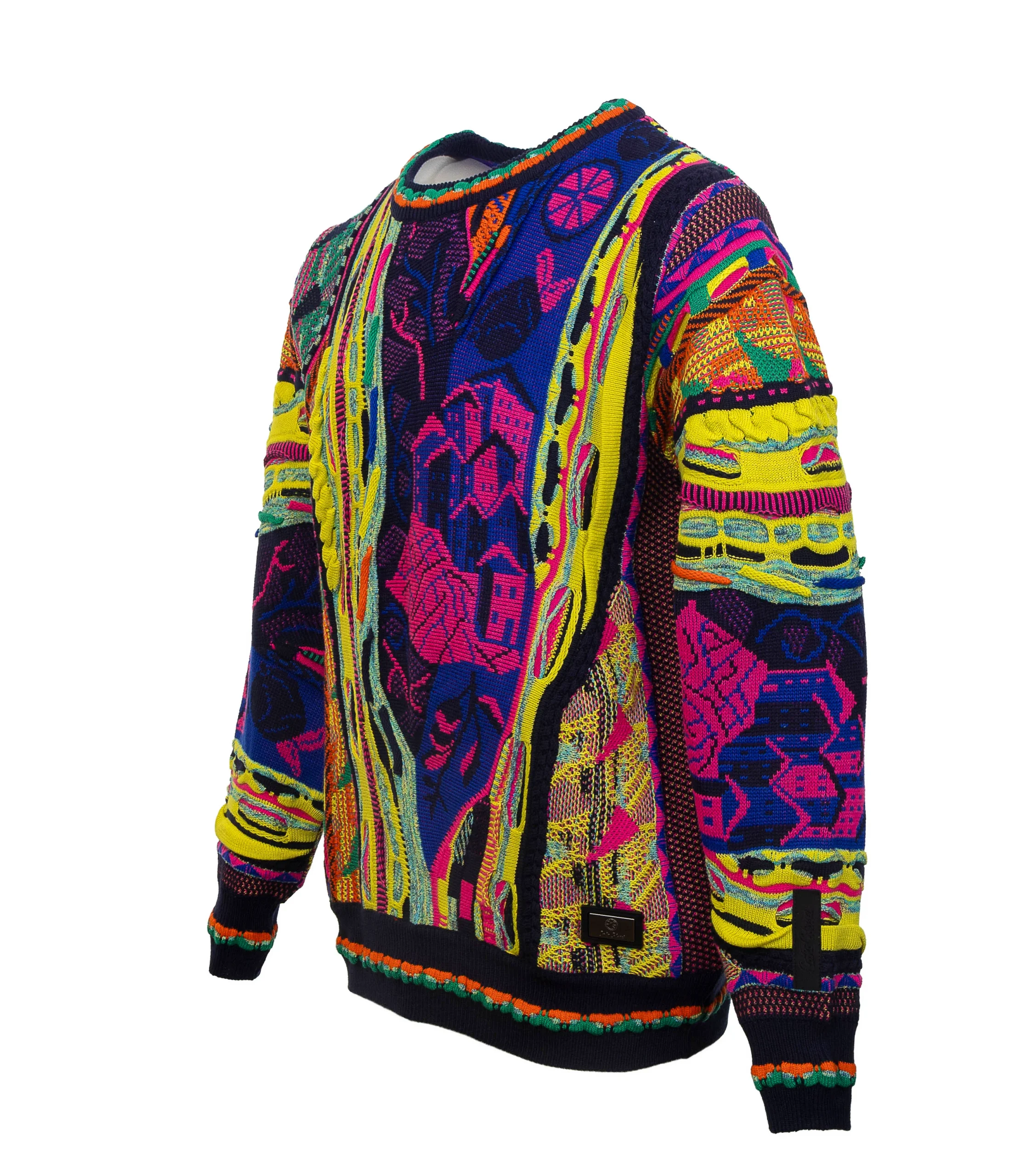 Carlo Colucci Gebreiden Trui Geel Marine Ronde Hals. - Afbeelding 4