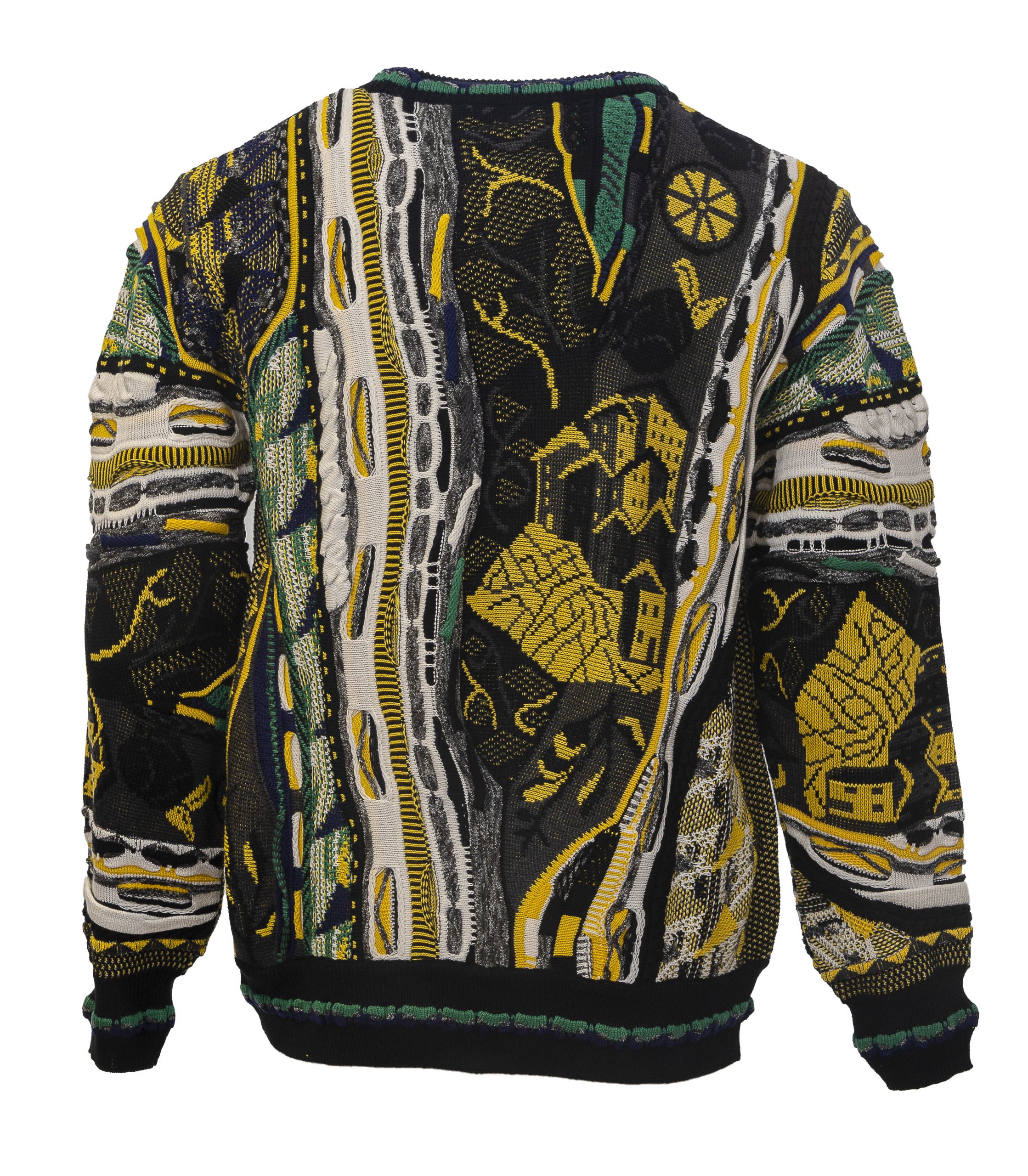 Carlo Colucci Gebreiden Trui Geel Zwart Ronde Hals.