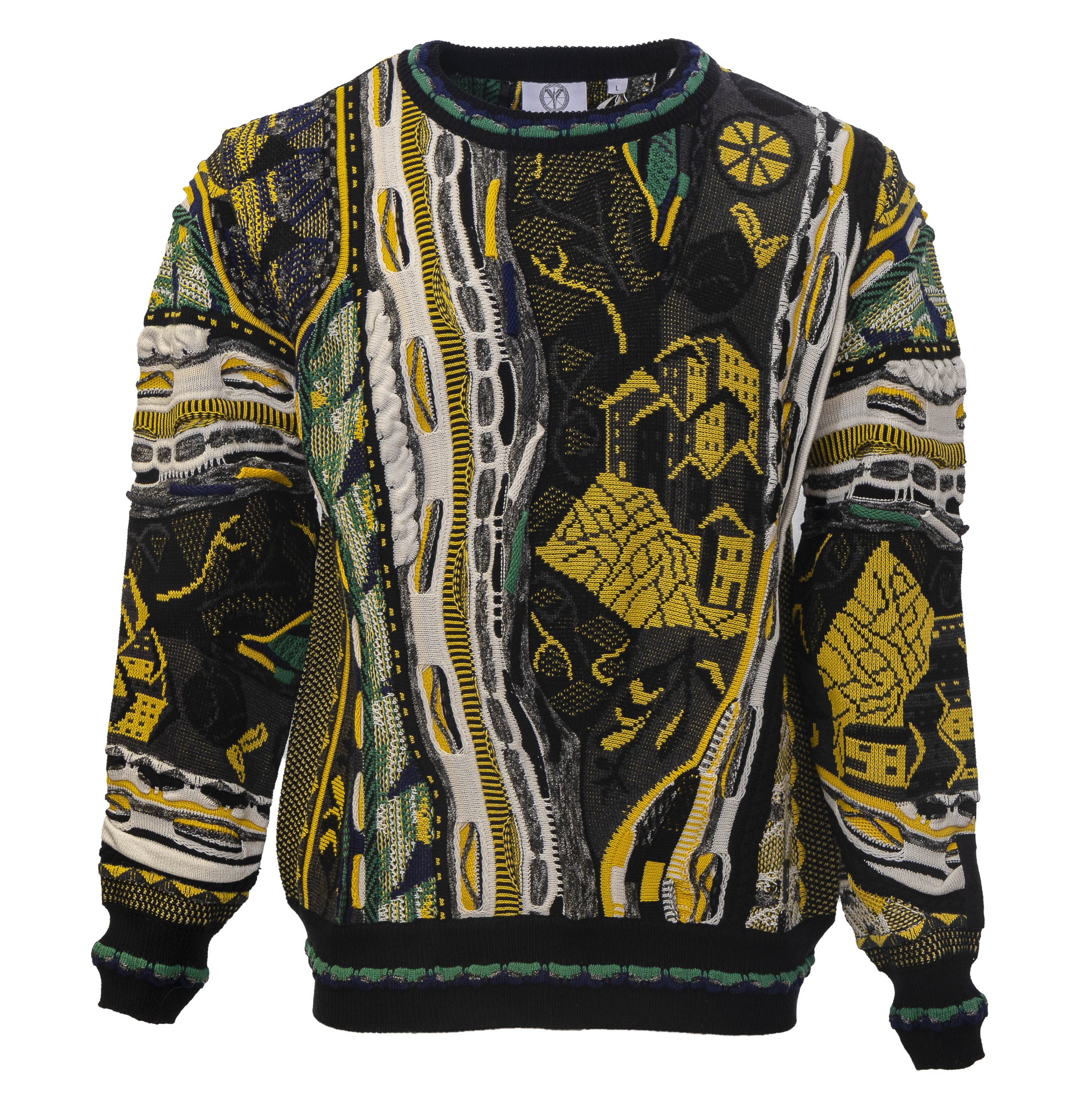 Carlo Colucci Gebreiden Trui Geel Zwart Ronde Hals. - Afbeelding 4