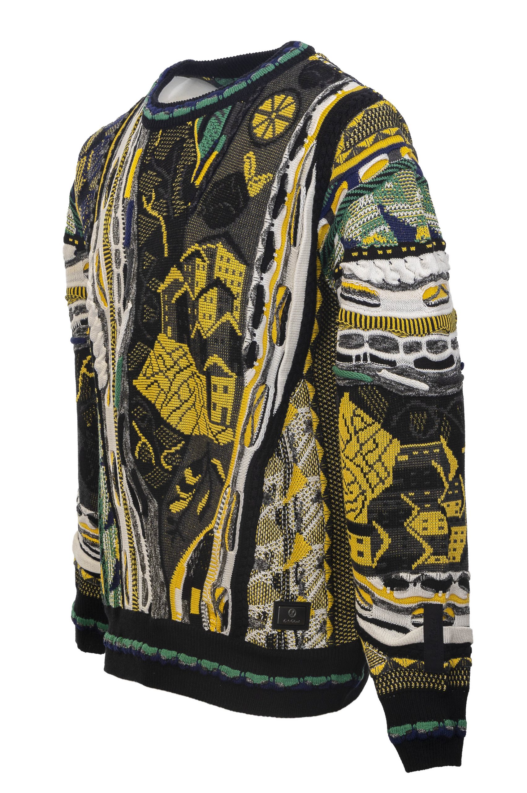 Carlo Colucci Gebreiden Trui Geel Zwart Ronde Hals. - Afbeelding 3