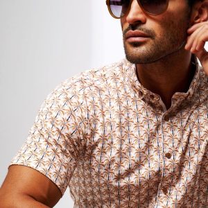 Desoto overhemd Modern BD met Palmboom print, Wit-Oranje