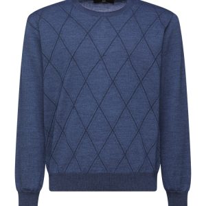 Montechiaro Trui Ronde Hals Ruitpatroon Blauw.