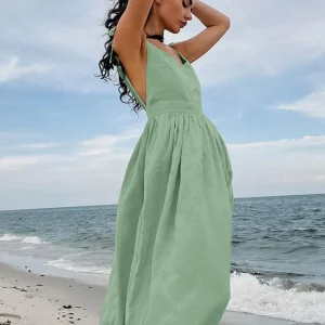 Groene Linnen Midi Jurk Met Spaghettibandjes