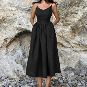 Zwarte Linnen Midi Jurk Met Spaghettibandjes