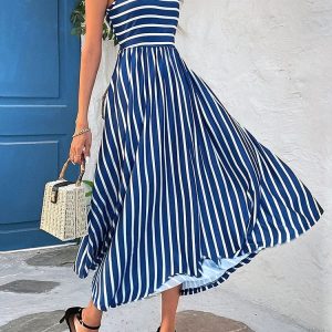 Blauw en Wit Gestreepte Midi Jurk