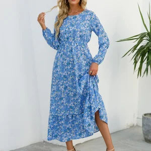 Blauwe Ibiza Bloemen Jurk Lange Mouwen