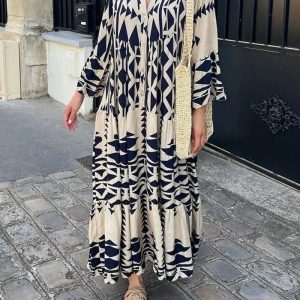 Ibiza Print Maxi Jurk Zwart Wit
