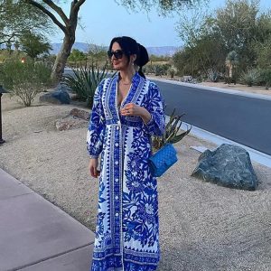 Blauw Witte Ibiza Stijl Jurk Met Zomer Print