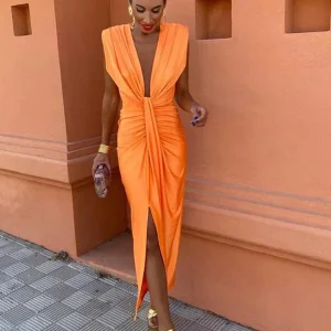 Oranje Spaanse Jurk Met V-hals