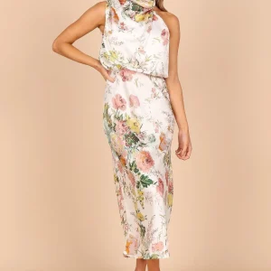 Elegante Satijnen Jurk Met Hoge Hals En Grote Bloemenprint