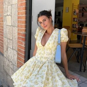 Gele Bloemen Mini Jurk Met V-hals