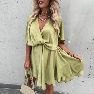 Feestelijke Geel/Groenige Boho Jurk Met V-hals