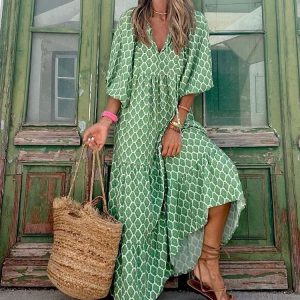 Groene Ibiza Jurk met Print Lange Mouwen
