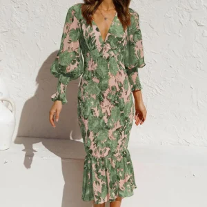 Groene Long Sleeve Jurk Met Elegante Print En V-hals