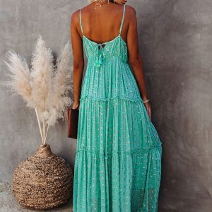 Groene Maxi Jurk Met V-hals En Zomers Ibiza Printje