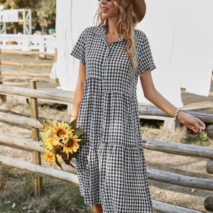 Ibiza Stijl Midi Jurk Met Wit en Zwarte Blokjes