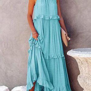 Lichtblauwe Losse Zomerse Feestelijke Maxi Jurk