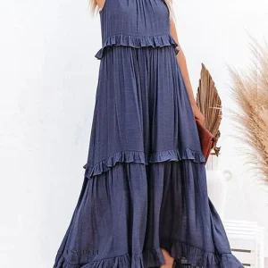 Marine Blauwe Losse Zomerse Feestelijke Maxi Jurk