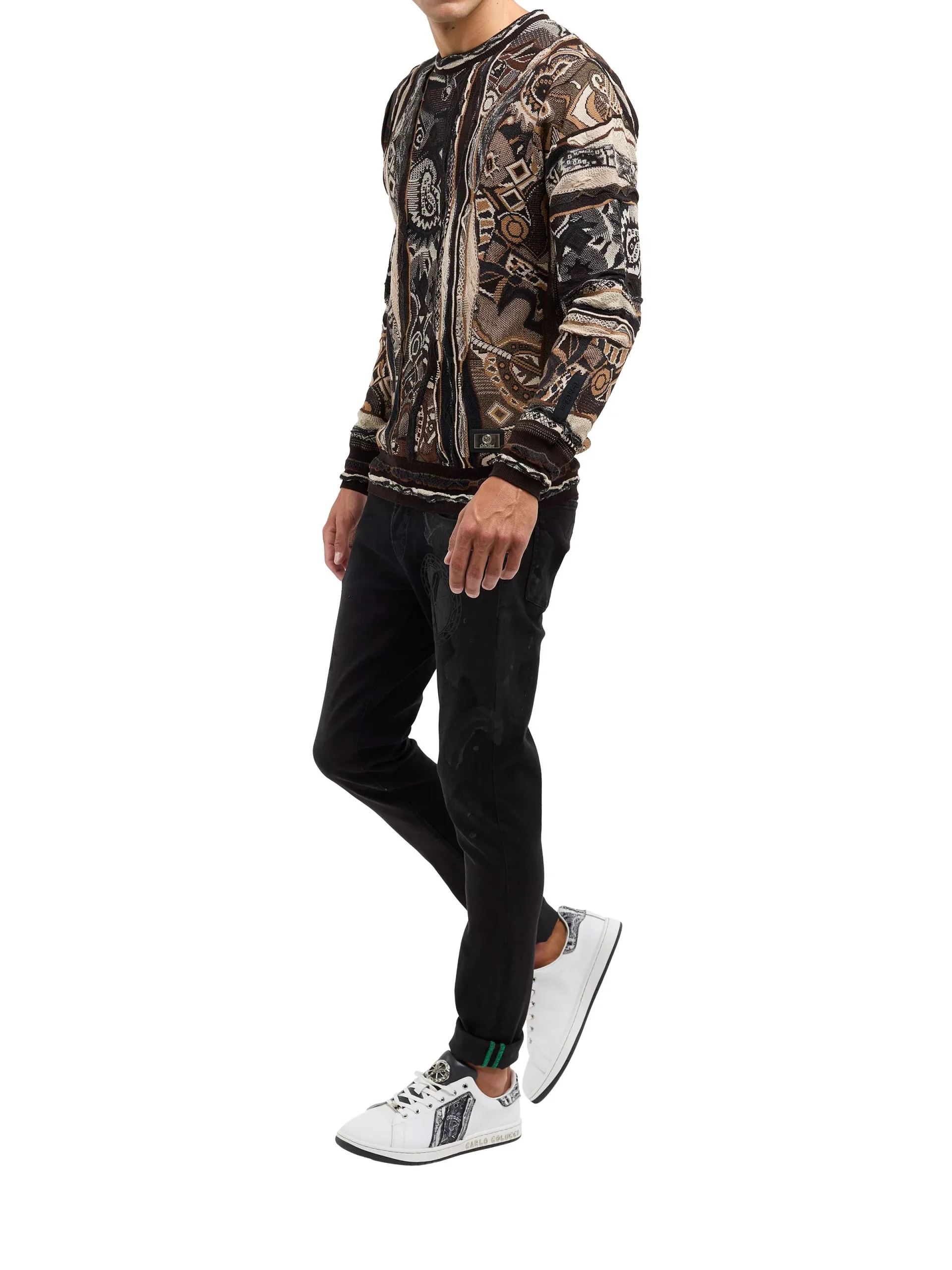 Carlo Colucci trui met ronde hals Bruin Maat-XS - Afbeelding 4