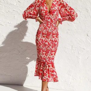 Rode Long Sleeve Jurk Met Elegante Print En V-hals