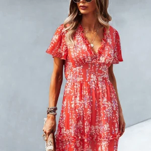 Rode Luchtige Zomerse Boho Jurk Met Bloemenprint