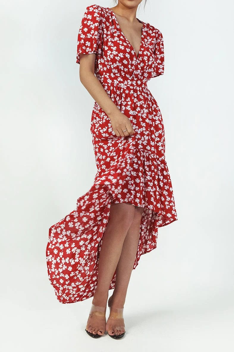 Rode Midi Ibiza Bloemen Jurk - Afbeelding 2