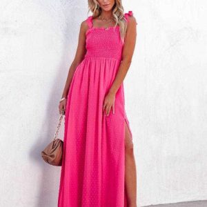Roze Feestelijke Ibiza Stijl Maxi Jurk Met Strikjes