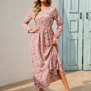 Roze Long Sleeve Maxi Jurk Met Bloemen Print