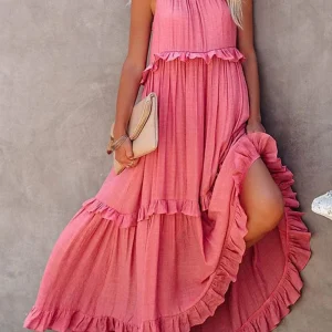 Roze Losse Zomerse Feestelijke Maxi Jurk