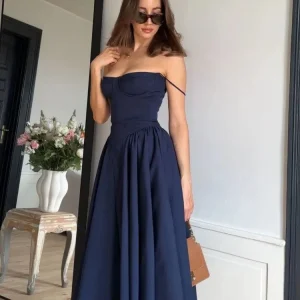 Donkerblauwe Midi Jurk Met Corset Top