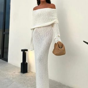 Doorzichtige Witte Maxi Jurk Off-Shoulder