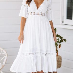 Witte Boho Midi Jurk