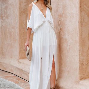 Witte Feestelijke Boheemse Jurk Met V-hals En Off-shoulder