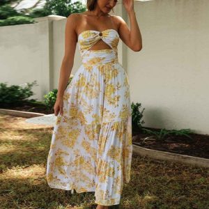 Witte Maxi Jurk Met Gele Bloemen Print Off-shoulder