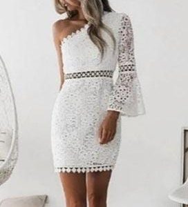 Witte One Shoulder Boho Jurk met Kant