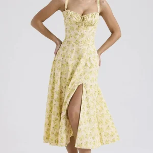 Gele Midi Jurk Met Bloemen Print En Corset Top