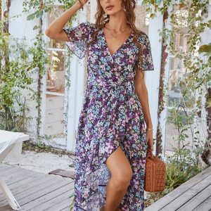 Zwart Midi Jurk Met Bohemian Bloemen Print