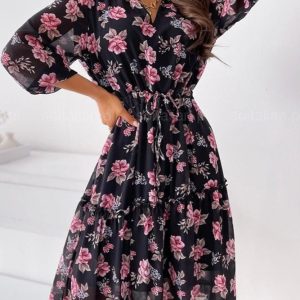 Zwarte Ibiza Jurk met Roze Bloemen