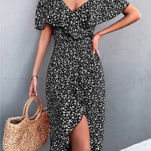 Zwarte V-Hals Blomenjurk met Spaghettibandjes